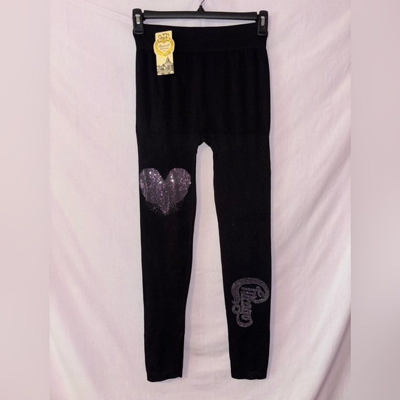 Bamboo Charcoal Black Leggings with Glitter Heart and Chicago Embellishment - Picture 1 of 9
